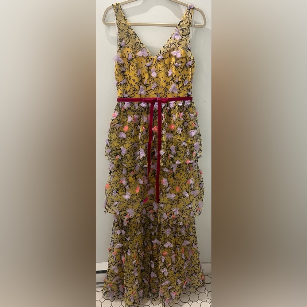 Marchesa Yellow Floral V-Neck Tiered Maxi with Pink Belt - Picture 7 of 11